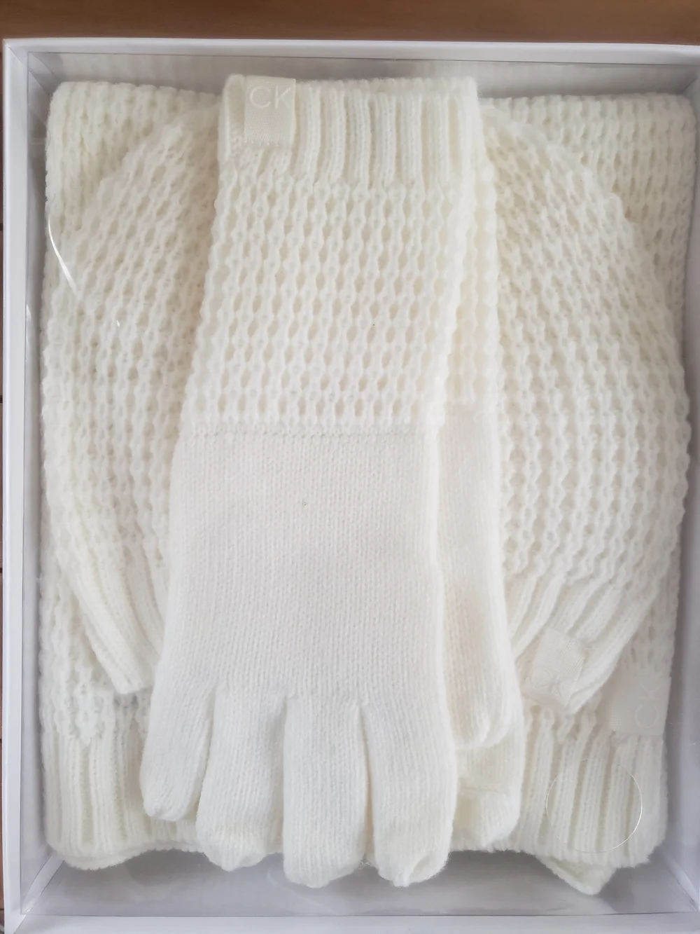 Calvin Klein Ivory Knit Glove and Hat & Scarf Set